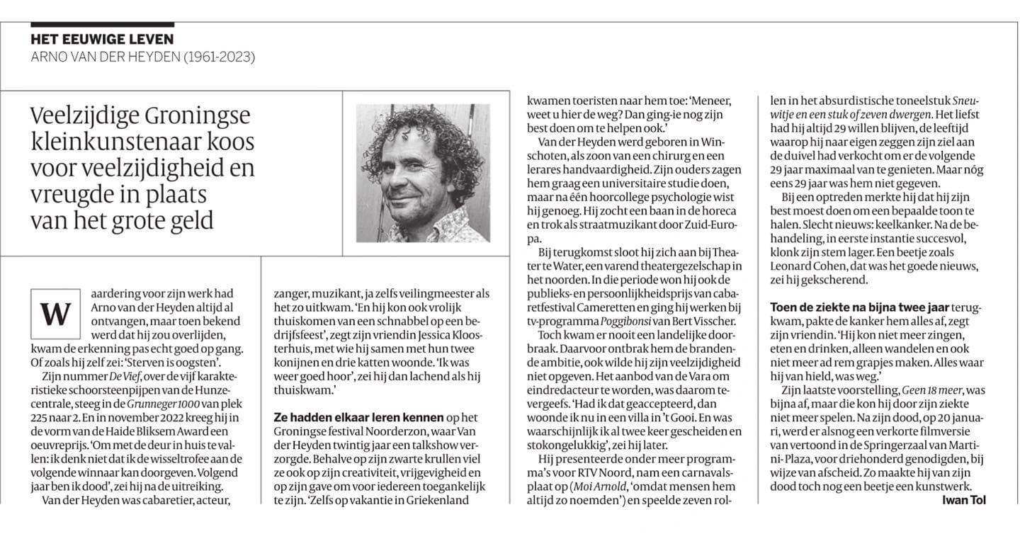 In Memoriam Arno van der Heyden in Volkskrant 8 maart 2023